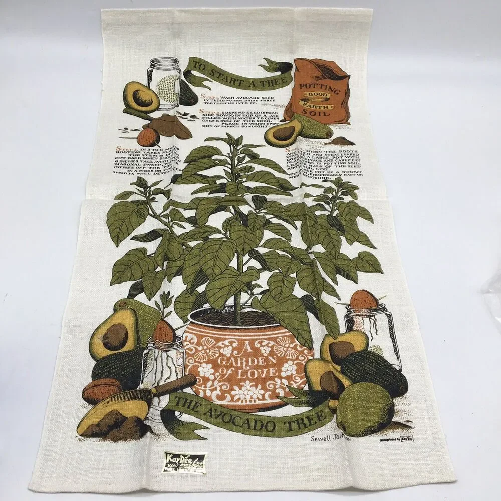 Vtg Kay Dee New Avocado Tree Kitchen Tea Towel Linen Hand Print Jackson Sewell